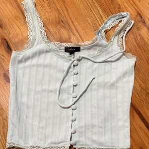 Aqua Lace Trim Button-Down Crop Top - Light Blue